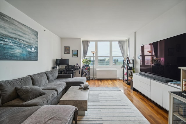 living room with radiator heating unit and light wood-type flooring