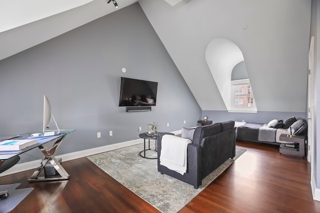 living room featuring dark wood-type flooring and lofted ceiling