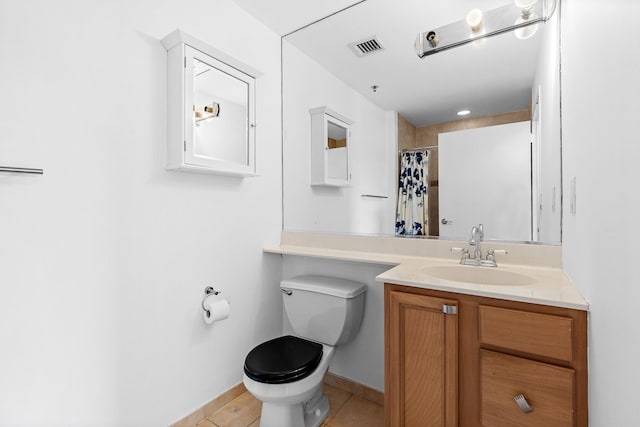full bath featuring visible vents, tile patterned flooring, vanity, toilet, and a shower with shower curtain