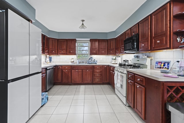 8901 Newkirk Ave, North Bergen, NJ 07047 - kitchen featuring white appliances, reddish brown cabinets, open shelves, and tasteful backsplash