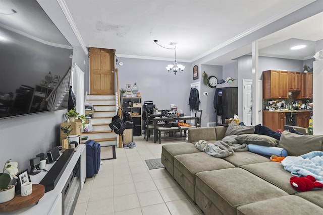 8901 Newkirk Ave, North Bergen, NJ 07047 - living room featuring light tile patterned flooring, crown molding, stairs, and a chandelier