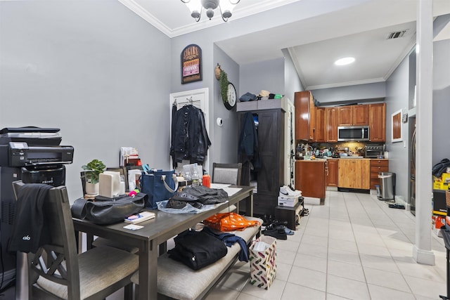 8901 Newkirk Ave, North Bergen, NJ 07047 - dining space with ornamental molding and light tile patterned floors