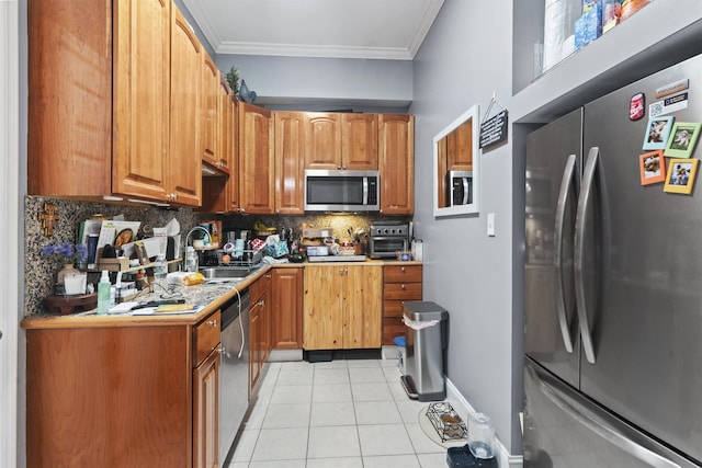 8901 Newkirk Ave, North Bergen, NJ 07047 - kitchen with appliances with stainless steel finishes, backsplash, ornamental molding, light tile patterned floors, and light countertops