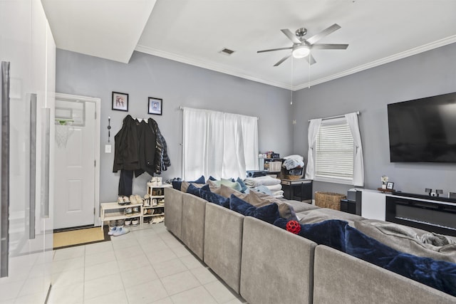 8901 Newkirk Ave, North Bergen, NJ 07047 - living area with a ceiling fan, light tile patterned floors, and ornamental molding