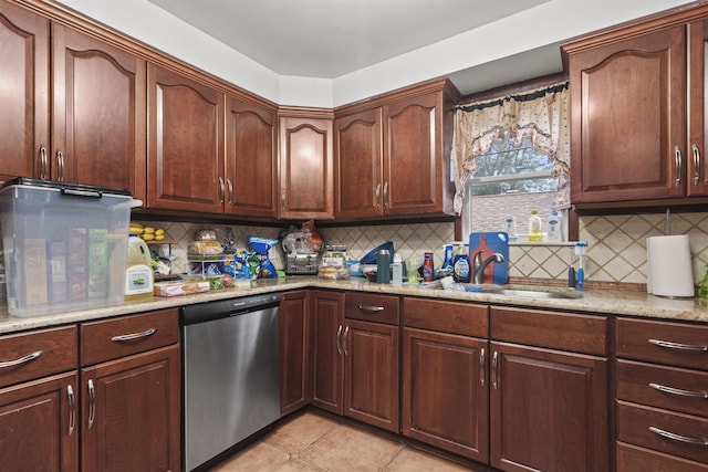 8901 Newkirk Ave, North Bergen, NJ 07047 - kitchen with dishwasher, backsplash, light stone counters, and light tile patterned floors