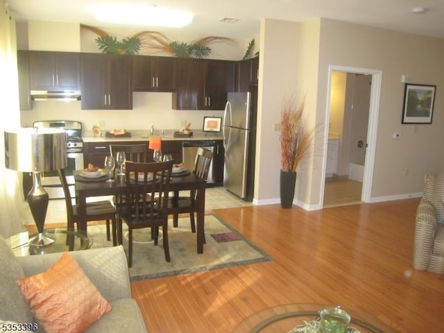 kitchen with stainless steel appliances, under cabinet range hood, light wood-style floors, dark brown cabinetry, and baseboards
