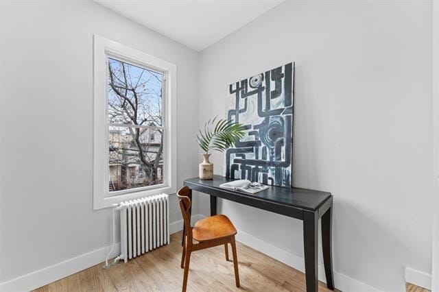 office area with baseboards, wood finished floors, and radiator