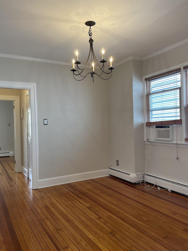 148 Nesbit St, Weehawken, NJ 07086 - empty room with a chandelier, ornamental molding, wood-type flooring, baseboard heating, and cooling unit