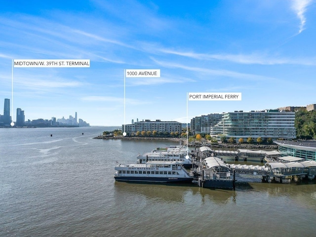 property view of water featuring a city view and a dock