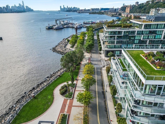 birds eye view of property with a city view and a water view