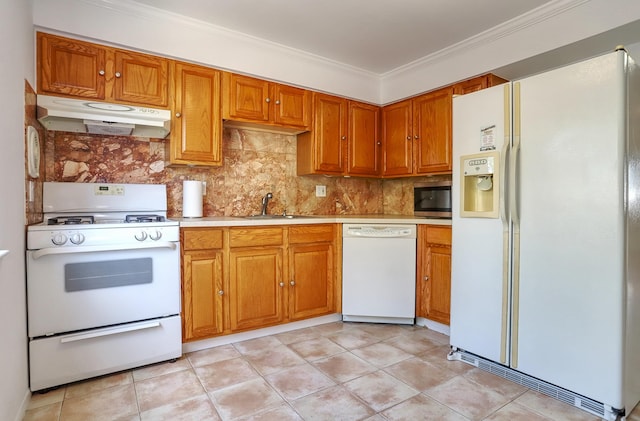 1445 68th St Unit A, North Bergen, NJ 07047 - kitchen featuring white appliances, under cabinet range hood, light countertops, brown cabinets, and crown molding