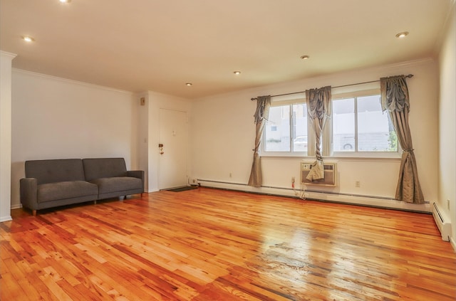 1445 68th St Unit A, North Bergen, NJ 07047 - unfurnished living room with light wood-style flooring, crown molding, a baseboard radiator, and recessed lighting