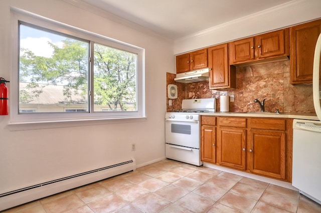 1445 68th St Unit A, North Bergen, NJ 07047 - kitchen featuring baseboard heating, white appliances, brown cabinets, tasteful backsplash, and crown molding