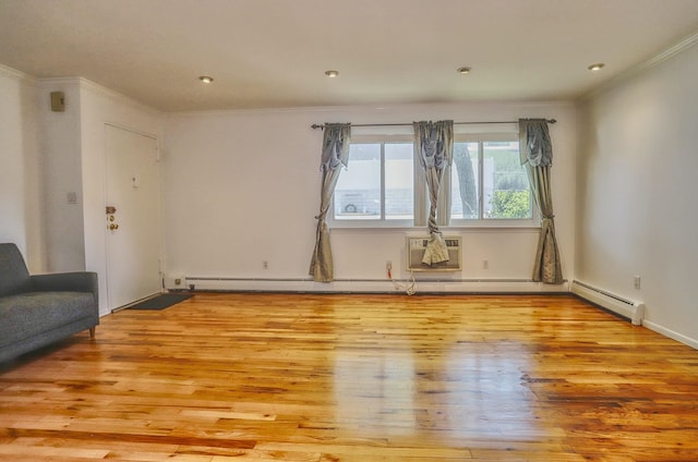 1445 68th St Unit A, North Bergen, NJ 07047 - unfurnished living room featuring crown molding, wood finished floors, recessed lighting, and baseboard heating