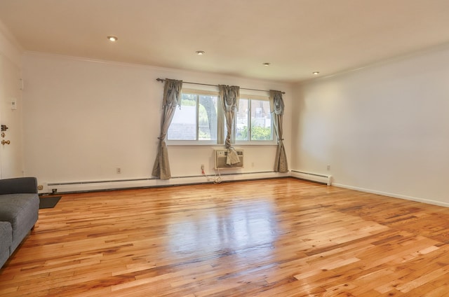 1445 68th St Unit A, North Bergen, NJ 07047 - unfurnished living room featuring crown molding, wood finished floors, a baseboard heating unit, and recessed lighting