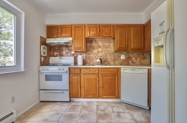 1445 68th St Unit A, North Bergen, NJ 07047 - kitchen with white appliances, crown molding, a baseboard radiator, backsplash, and light countertops