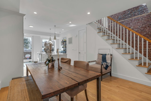 157 8th St, Hoboken, NJ 07030 - dining room featuring light wood-type flooring, stairs, and recessed lighting