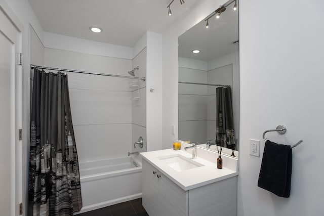 bathroom with vanity, tile patterned flooring, and shower / bath combination with curtain