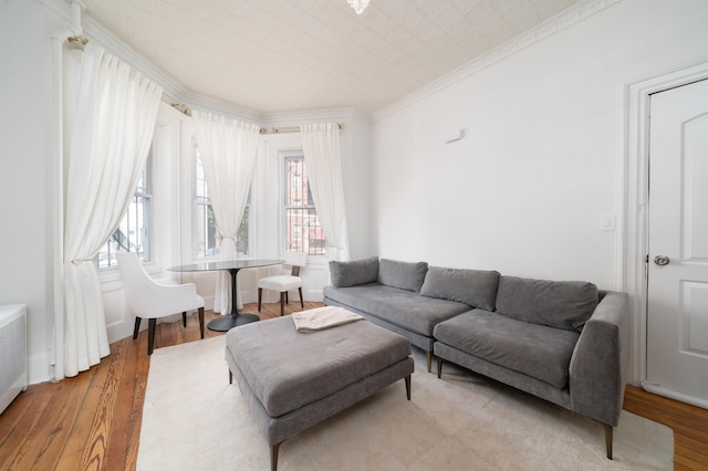 27 48th St, Weehawken, NJ 07086 - living room with light wood-type flooring and crown molding