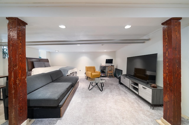 27 48th St, Weehawken, NJ 07086 - living room featuring carpet, decorative columns, and recessed lighting