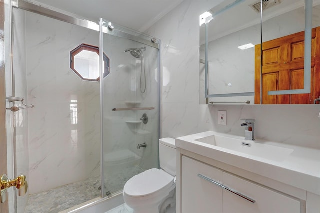 bathroom with visible vents, toilet, backsplash, a marble finish shower, and vanity