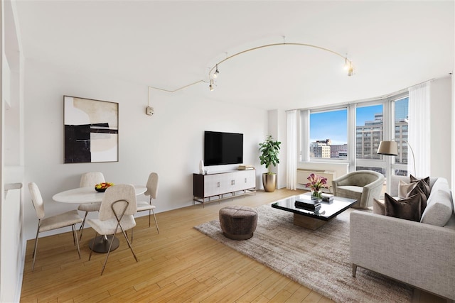 living area with track lighting and hardwood / wood-style flooring