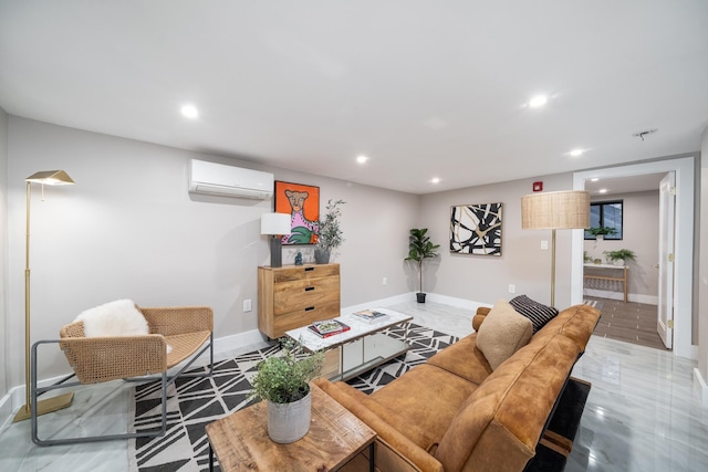 living area with recessed lighting, baseboards, and a wall mounted AC