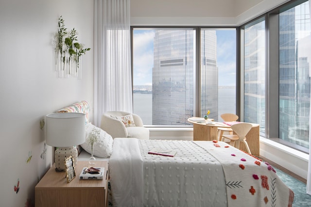 bedroom featuring a water view and multiple windows