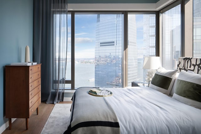 bedroom featuring a water view and light hardwood / wood-style flooring