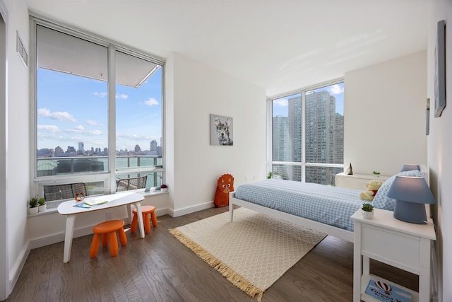 20 Newport Pkwy Unit 1707, Jersey City, NJ 07310 - bedroom with a view of skyline, floor to ceiling windows, and wood finished floors