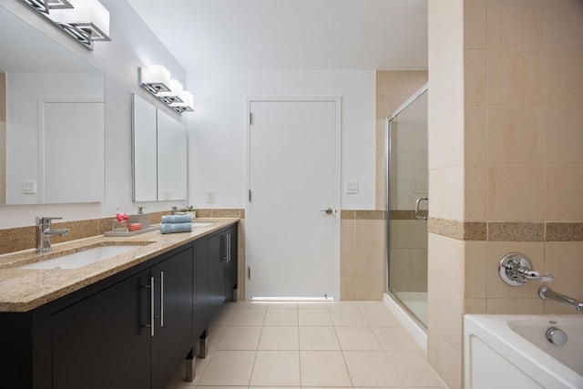 20 Newport Pkwy Unit 1707, Jersey City, NJ 07310 - full bathroom with a stall shower, double vanity, a bath, and tile patterned flooring