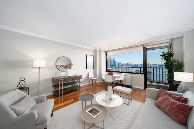 living room featuring light hardwood / wood-style flooring, crown molding, and a water view