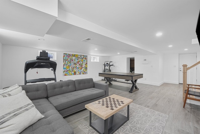 65 Dillingham Pl, Englewood Cliffs, NJ 07632 - living room with recessed lighting, stairway, visible vents, and light wood-type flooring