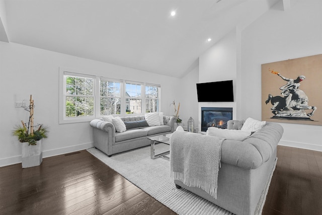 65 Dillingham Pl, Englewood Cliffs, NJ 07632 - living room with high vaulted ceiling, baseboards, dark wood finished floors, and recessed lighting