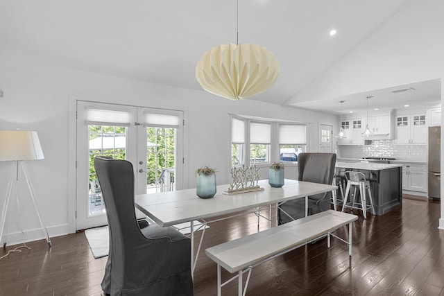 65 Dillingham Pl, Englewood Cliffs, NJ 07632 - dining space with visible vents, dark wood-style floors, recessed lighting, french doors, and lofted ceiling