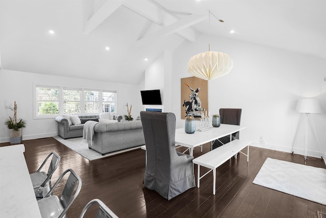 65 Dillingham Pl, Englewood Cliffs, NJ 07632 - dining room featuring dark wood-style flooring, beam ceiling, baseboards, and high vaulted ceiling
