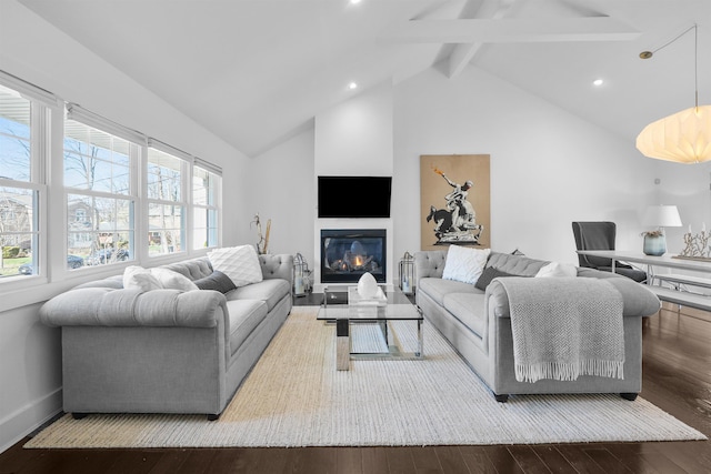 65 Dillingham Pl, Englewood Cliffs, NJ 07632 - living room with wood finished floors, high vaulted ceiling, beam ceiling, and plenty of natural light
