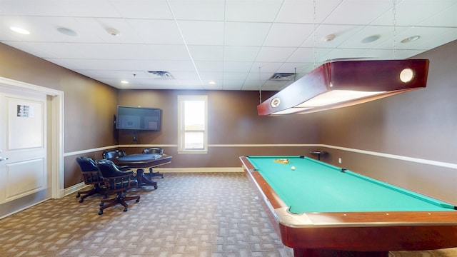 recreation room with baseboards, billiards, and visible vents