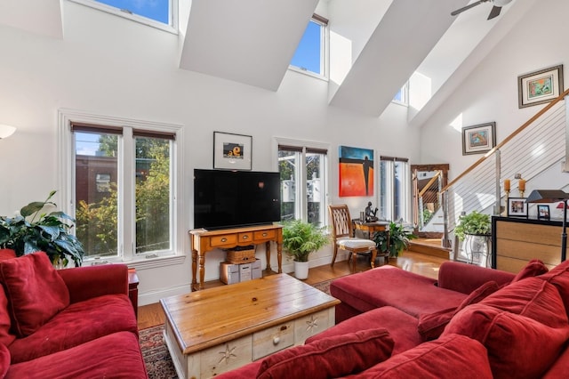 living room featuring a high ceiling and wood-type flooring