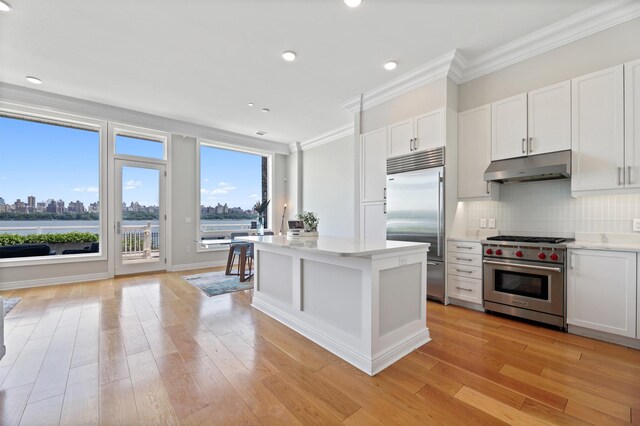 kitchen with high end appliances, under cabinet range hood, ornamental molding, decorative backsplash, and white cabinets