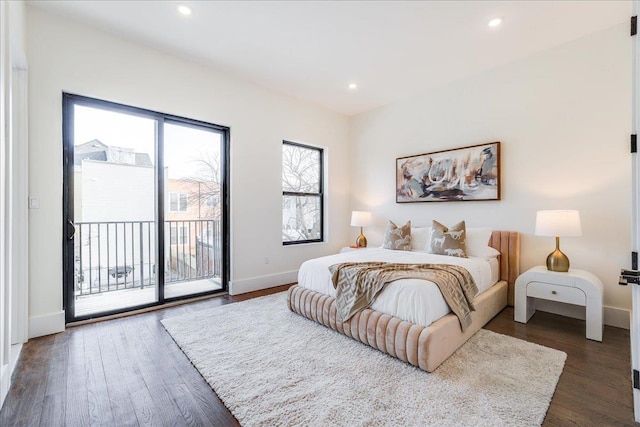 bedroom with access to outside, recessed lighting, baseboards, and dark wood-style flooring