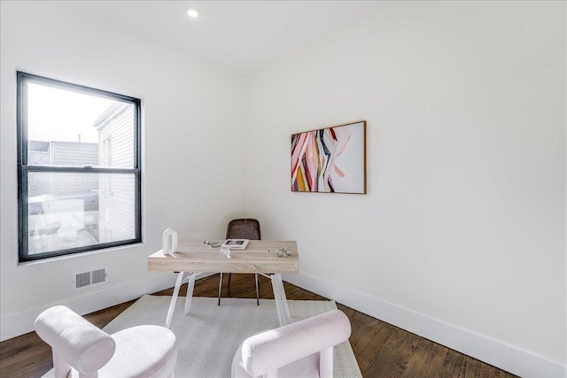 office space with visible vents, recessed lighting, wood finished floors, and baseboards