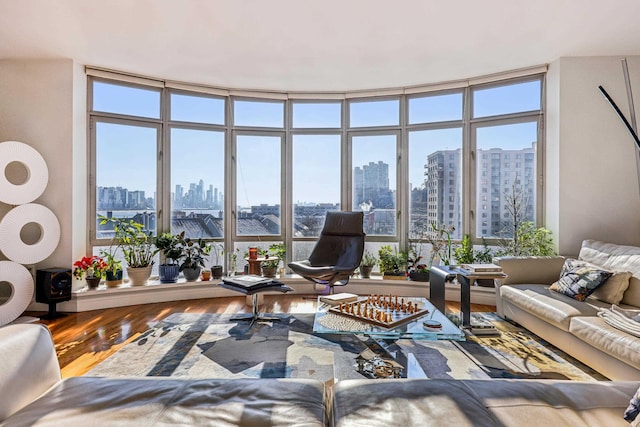 living room with wood-type flooring and floor to ceiling windows