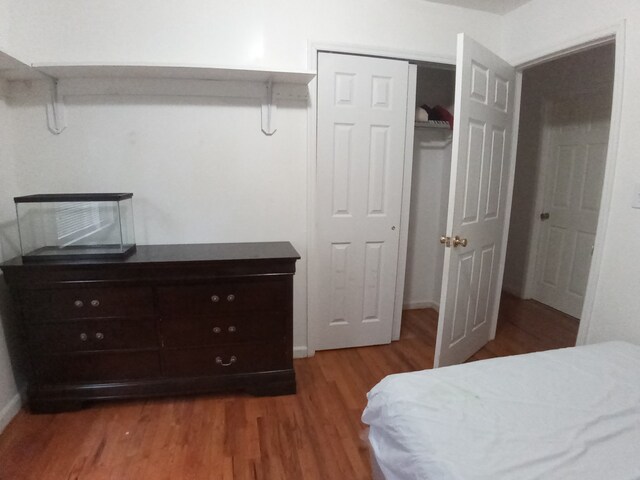 bedroom with hardwood / wood-style floors and a closet