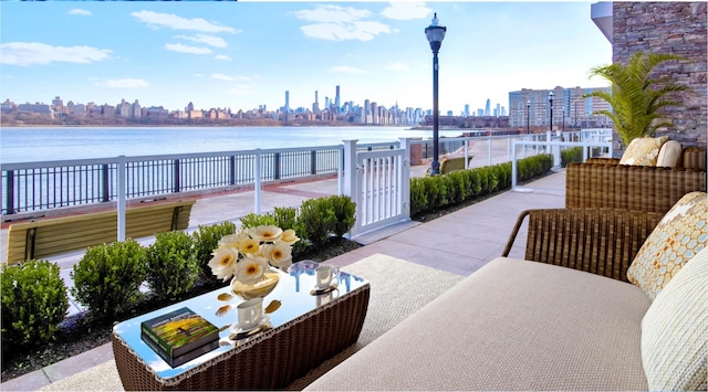 view of patio / terrace featuring a water view