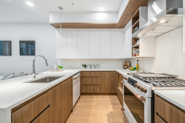 kitchen with open shelves, modern cabinets, a sink, wall chimney range hood, and white appliances