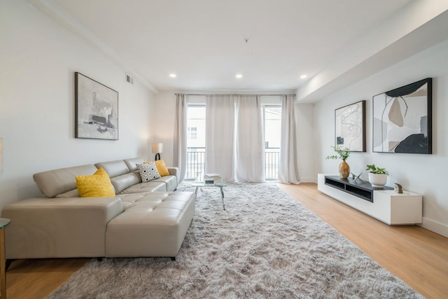 living area featuring baseboards, wood finished floors, and recessed lighting