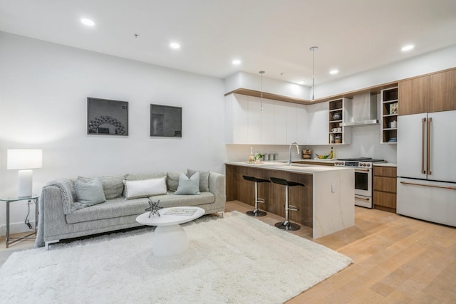 living area featuring recessed lighting and light wood-style floors