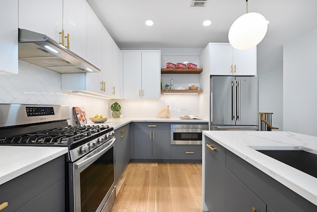 77 Clerk St Unit 1, Jersey City, NJ 07305 - kitchen featuring light wood-style flooring, pendant lighting, gray cabinetry, under cabinet range hood, and appliances with stainless steel finishes