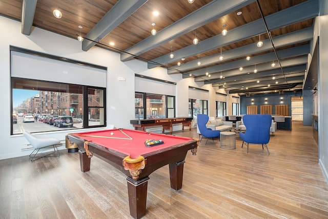1500 Hudson St Unit 7R, Hoboken, NJ 07030 - recreation room featuring pool table, wood finished floors, and a wooden ceiling with exposed beams
